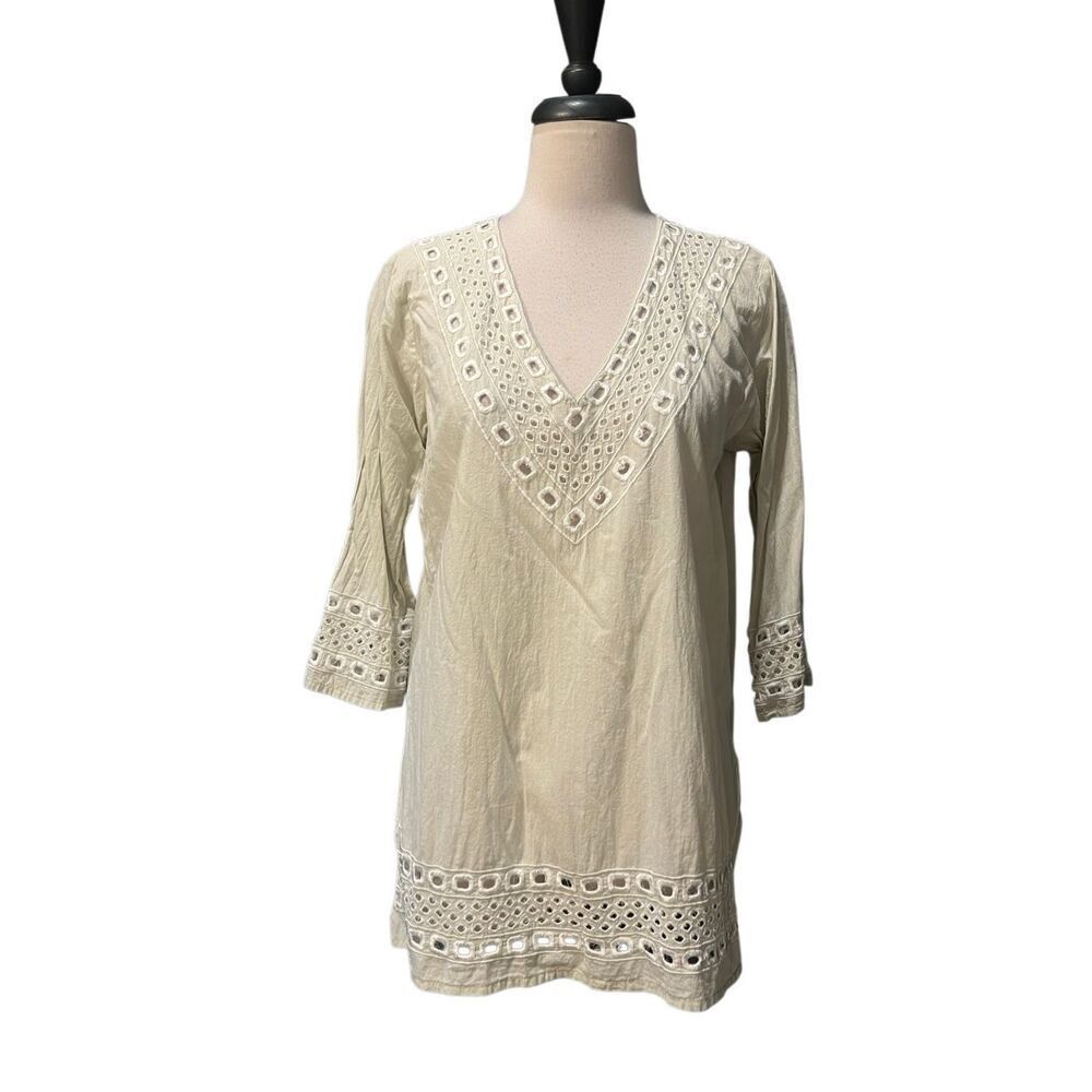 Gretchen Scott Womens Embroidered Eyelet 3/4 Sleeve Cotton Tunic Top White Small